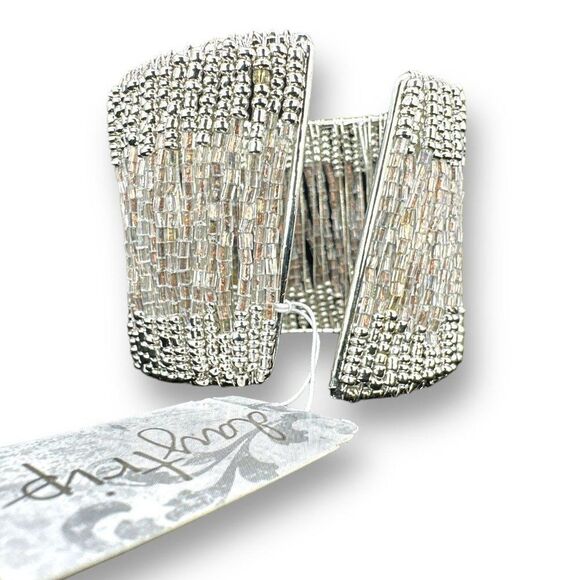 NWT Buckle Beaded Wide Cuff Fashion Bracelet Over Silver Tone - Picture 1 of 7